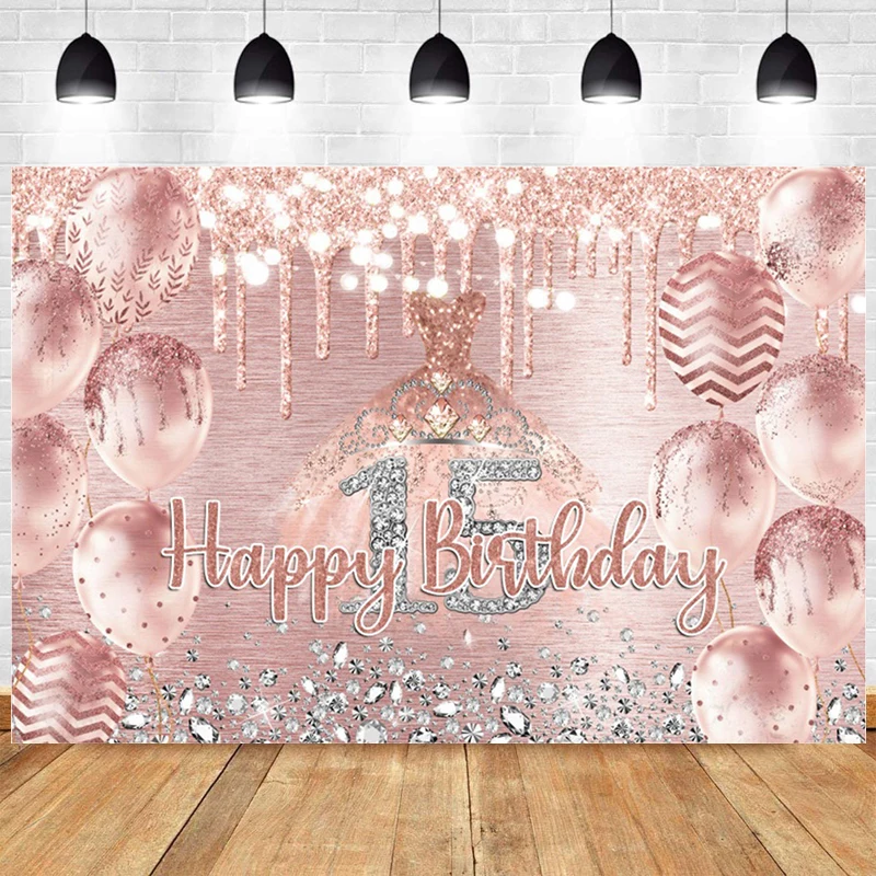 Pink Glitter Balloons Background of 15 Years Old Girl Birthday Decorations 15th Anniversary Quinceanera Party Photo Backdrop