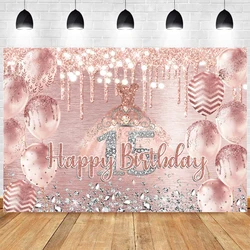 Pink Glitter Balloons Background of 15 Years Old Girl Birthday Decorations 15th Anniversary Quinceanera Party Photo Backdrop