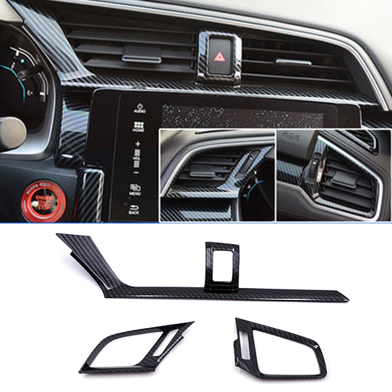 3 шт. для Honda Civic 10 2016-2019 2020 2021, углеродное волокно, LHD, приборная панель автомобиля, вентиляционное отверстие переменного тока, крышка, накладка, рамка, наклейки 3 шт. для Honda Civic 10 2016-2019 2020 2021, углеродное волокно, LHD, приборная панель автомобиля, вентиляционное отверстие переменного тока, крышка, накладка, рамка, наклейки
