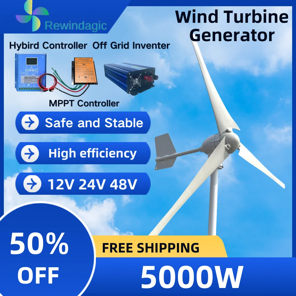 5000W Horizontal Wind Turbine 5KW 12V 24V 48V Output For Home Hybrid Charge Controller Windmill Yacht Farm Small Generator Home