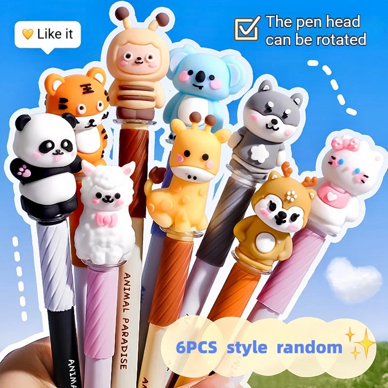 6er-Pack mit zufällig ausgewählten, gelblichen Stiften im Cartoon-Stil, die sich abwischen lassen und Silikonspitzen haben, ein komplettes Set für Schüler, farbenfrohe Stifte zum Schreiben in Tagebüchern, Schreibwaren für Schüler, blaue Tinte, sorgt für ein flüssiges Schreibgefühl und einen gleichmäßigen Tintenfluss. – Detail 1