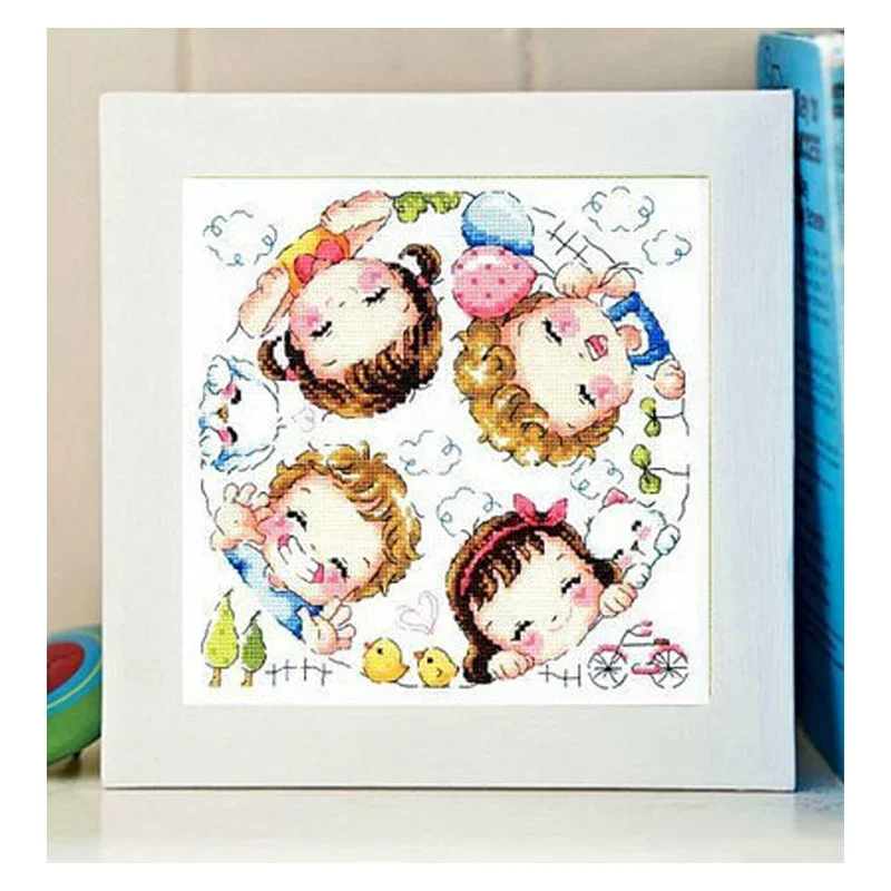 Amishop Gold Collection Lovely Counted Cross Stitch Kit Happy Village Four Children Little Boy And Girl SO 3155