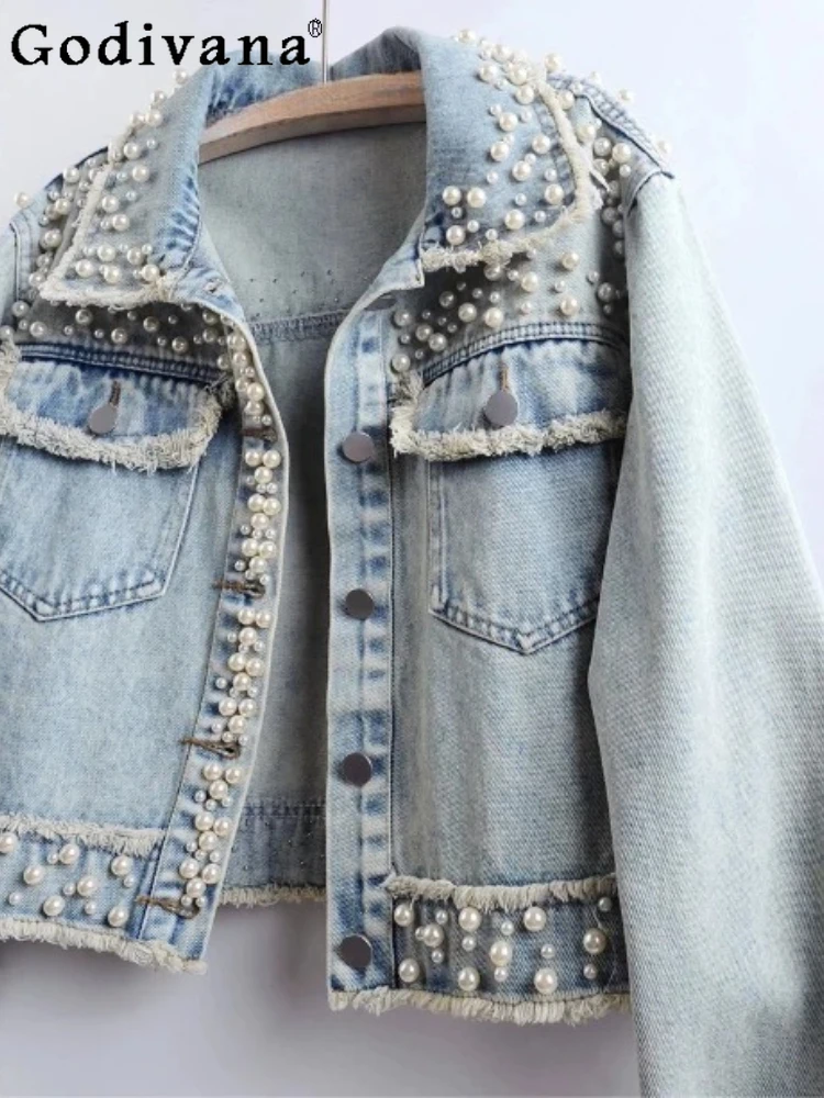 

2026 Spring Autumn New Heavy Bead Long Sleeve Turn-Down Collar Denim Jackets Women Short Loose Fashion Versatile Blue Jacket