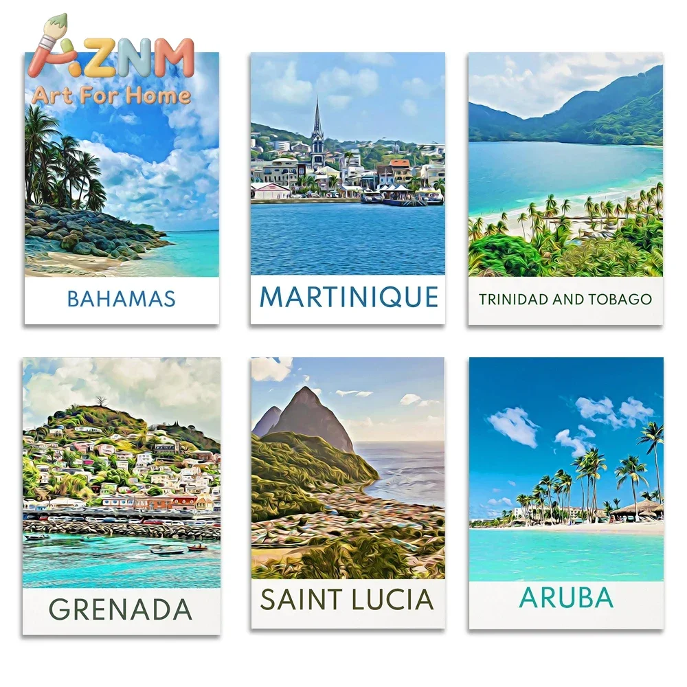 AZNM Caribbean Island Travel Canvas Painting Frameless Wall Art Bahamas Aruba Saint Lucia Tropical Beach Landscape Poster Home D