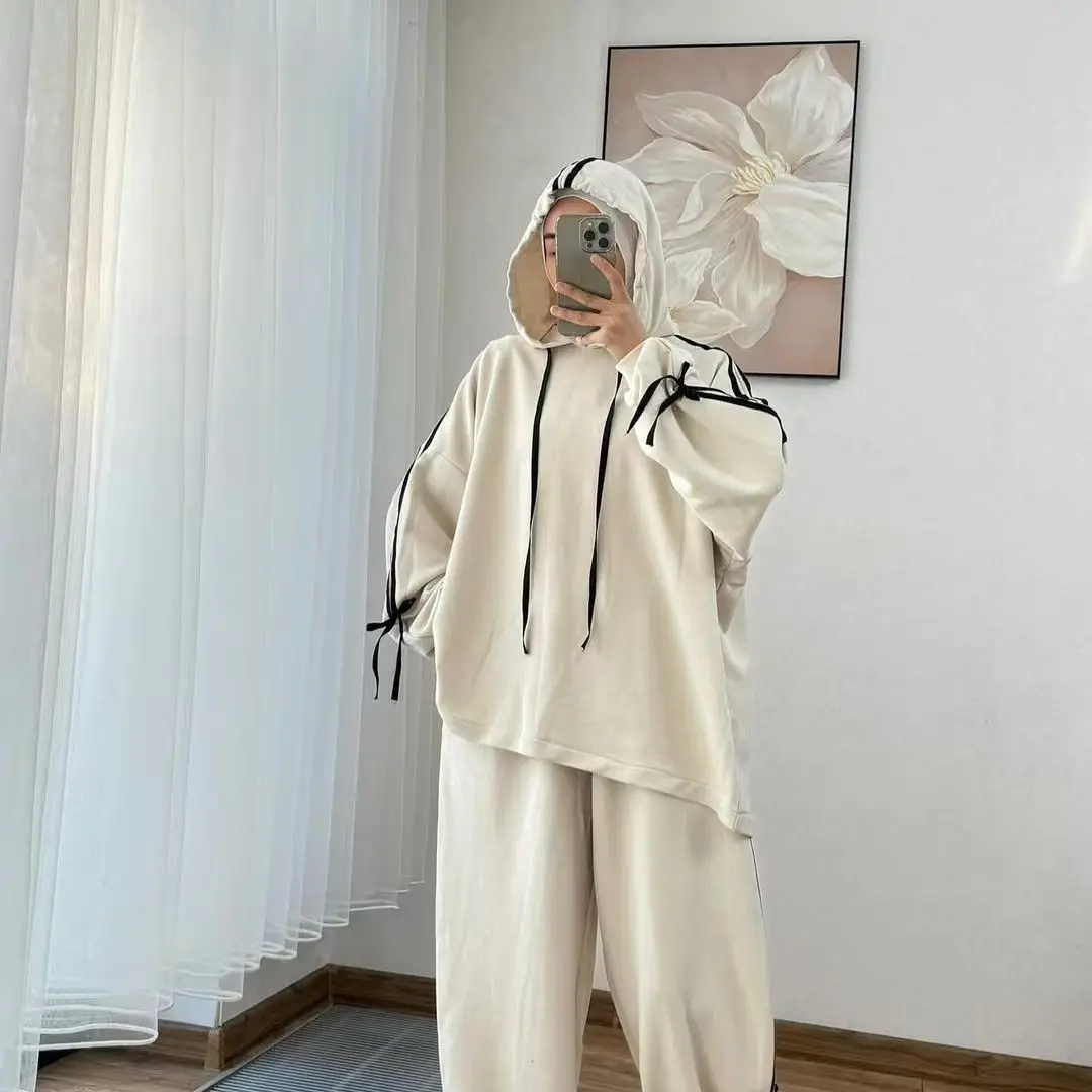 

Женская одежда, мусульманские зимние комплекты из топа Абая, брюки и толстовки с капюшоном, повседневная одежда с карманами, комплекты из двух предметов для женщин