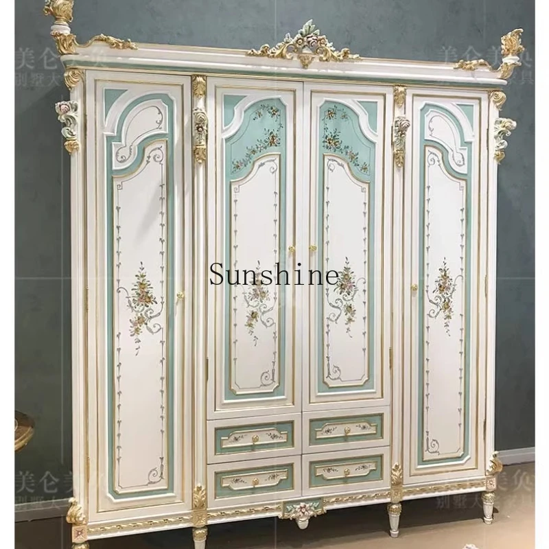 

French carved furniture luxury four-door wardrobe high-end solid wood mansion hand-painted