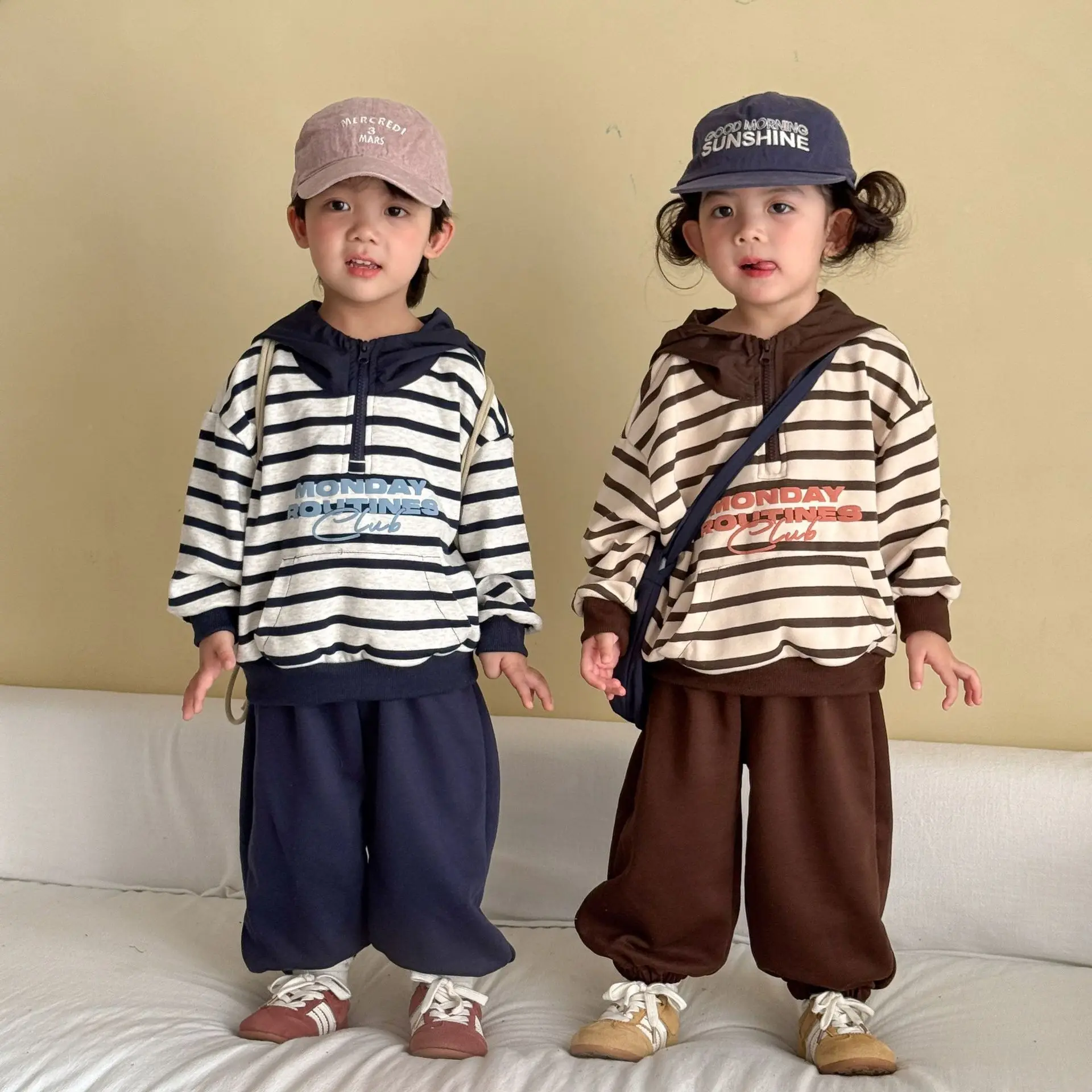 2026 Autumn New Children Long Sleeve Sports Set Boys Girls Casual Striped Hooded Sweatshirt + Pants 2pcs Suit Kids Outfits