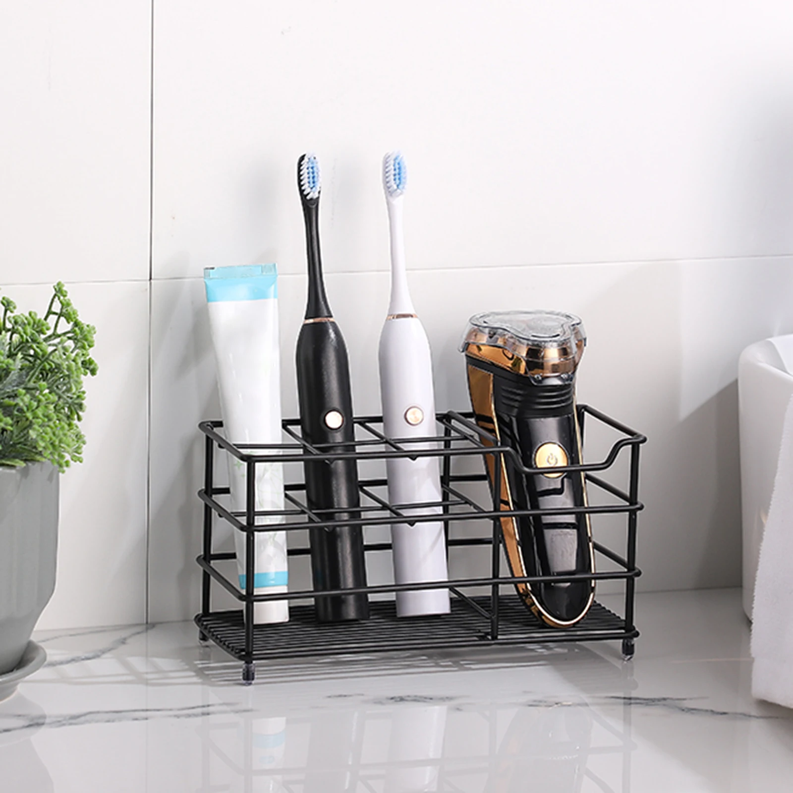 Stainless Steel Toothbrush Holder Hollow Wall-Mounted Punch-Free Electric Toothbrush Holder Bathroom Storage Toothpaste Holder