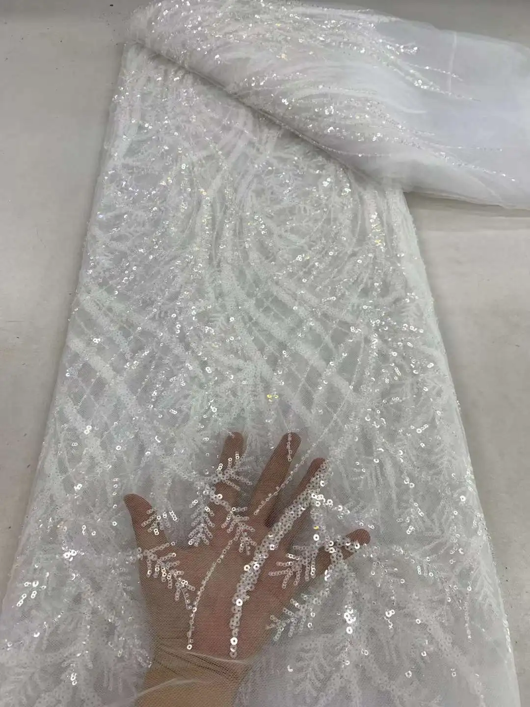 White African Luxury Beaded Tulle Lace Fabric 2024 Nigerian Handmade Heavy Sequins Pearls Lace Fabric Fro Bridal Wedding Dresses