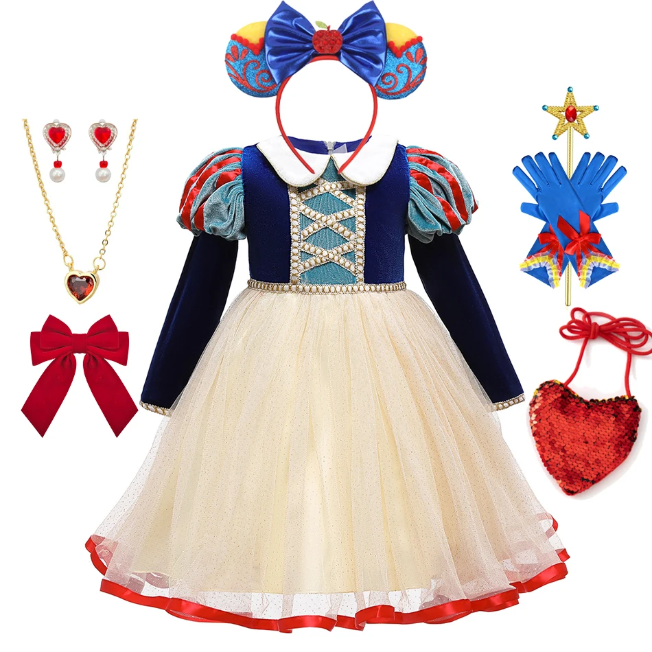 

Hallloween Snow White Costume Fairy Tale Matching Dress Girls Canary Mesh Patchwork Clothes Birthday Party Outfits
