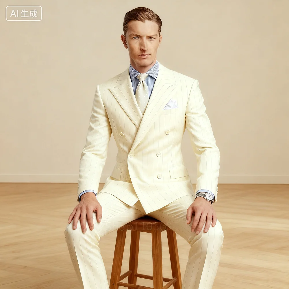 

Blue Striped Double Breasted Fitted Smocking Novo Design Best for Men Wedding Tuxedo 2 Piece Foam Padded Smooth Tailored Look