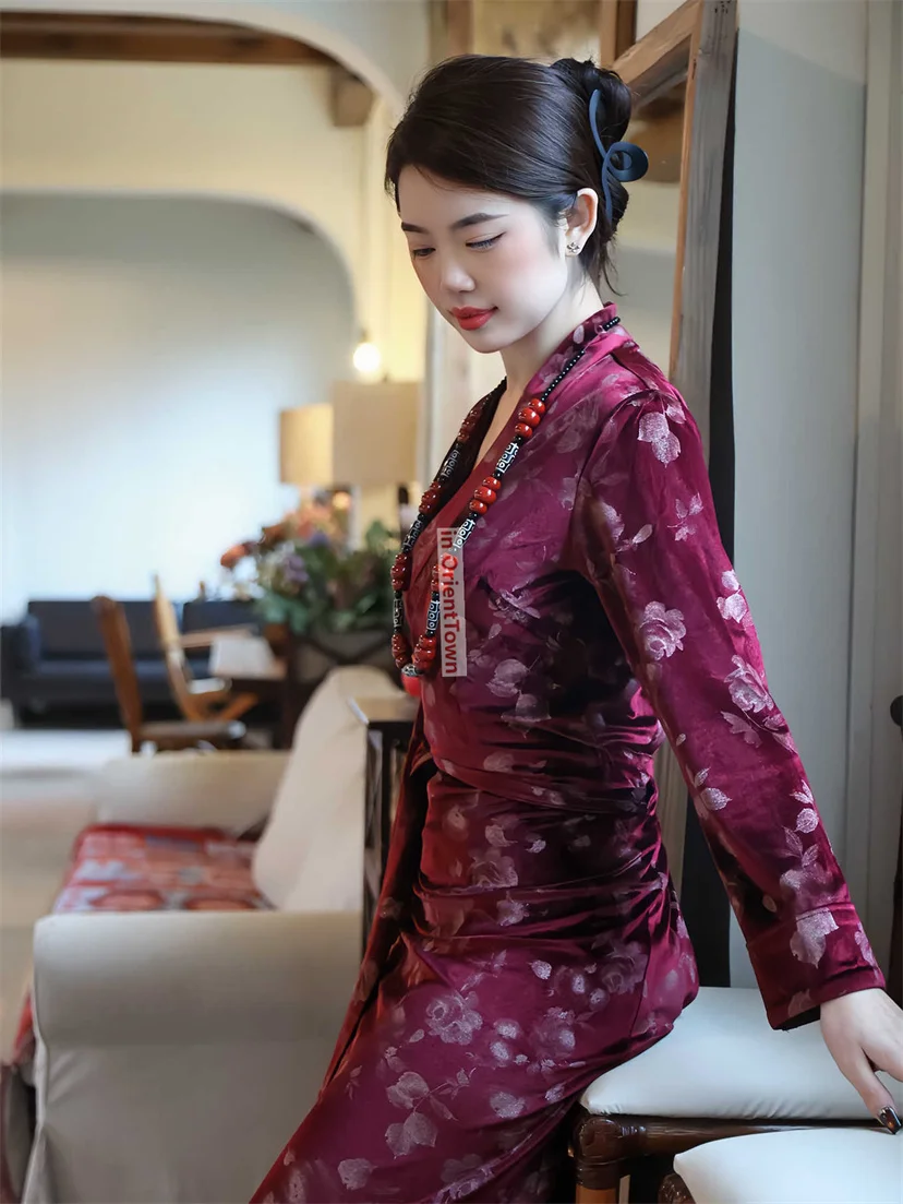 سيدة كلاريت فستان التبت الأحمر الأصلي لاسا النساء بولا الملابس الصينية العرقية الأقلية Xizang فتاة ثوب رداء في OrientTown TP024 #3