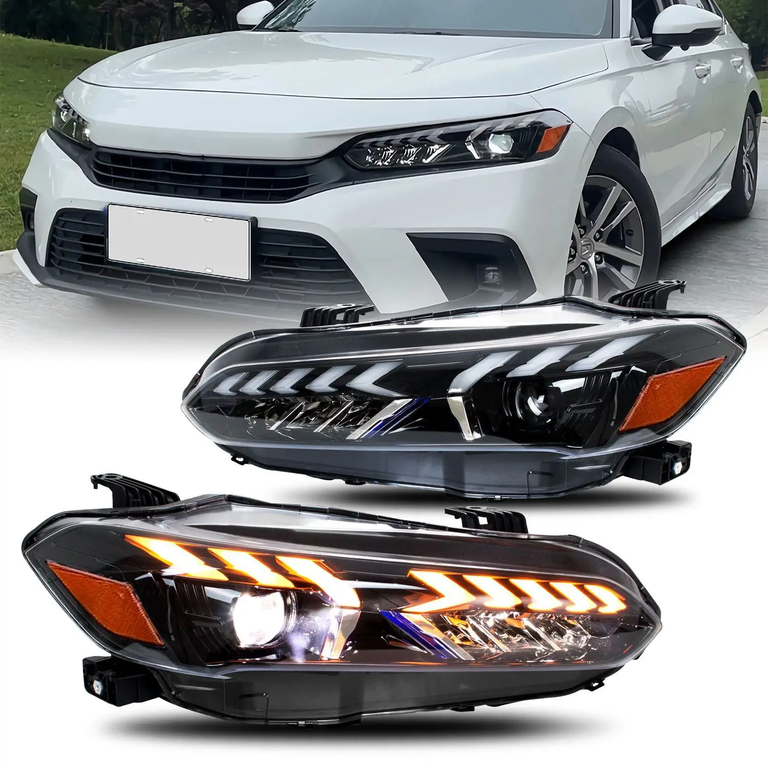 

LED headlight for Honda Civic 11th 2022-2023 retrofitted with LED lenses daytime running lights flow light steering