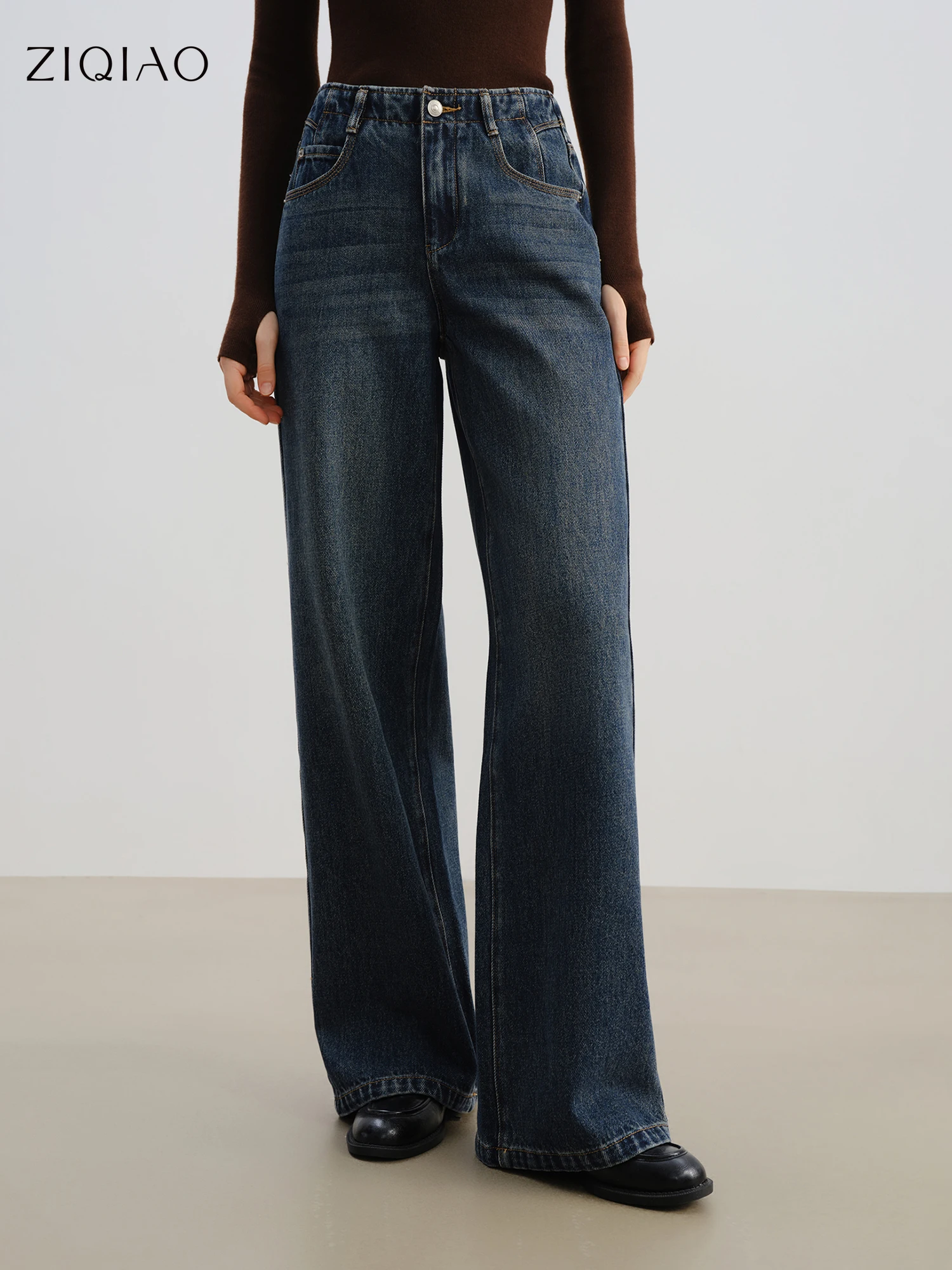 

ZIQIAO 2025 New Blue Vintage Straight Leg Floor-Length Jeans for Women Brushed Soft Denim Pants High Waisted Slim Fit Trousers