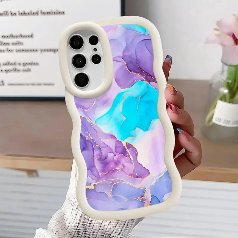 Luxury Purple Blue Marble Art Macaron Waves Phone Case for Samsung S24 S23 S22 S21 FE Ultra for Galaxy A50 A05 A04 Candy Cover