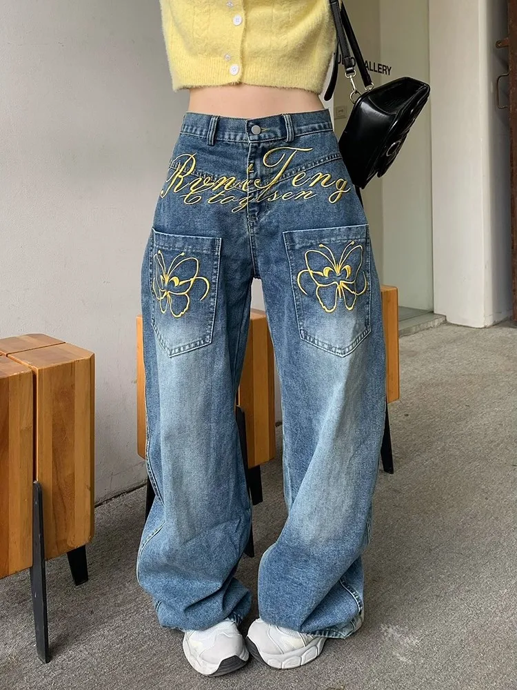 

Женские синие джинсовые джинсы с вышивкой бабочкой, мешковатые Y2K American High Street 2000-х годов, модные повседневные джинсы в стиле Харадзюку в стиле ретро, одежда