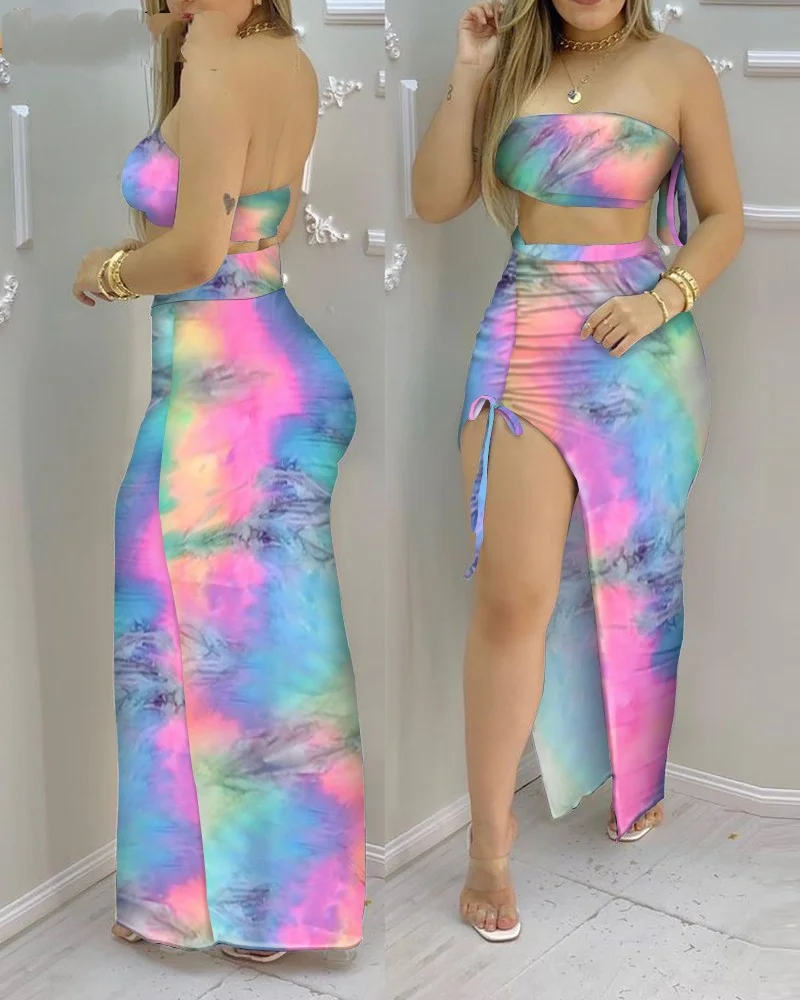 

Women Sexy Tie Dye Print Bandeau Crop Top & Drawstring High Slit Skirt Sets