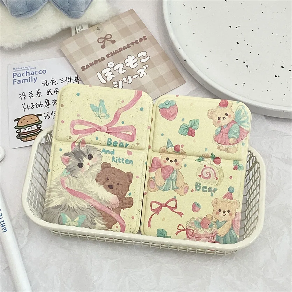 Portable Foldable Makeup Mirror PU Leather Handheld Mirrors Cute Bow Bunny Cat Bear Pocket Cosmetic Mirror Desktop Makeup Mirror