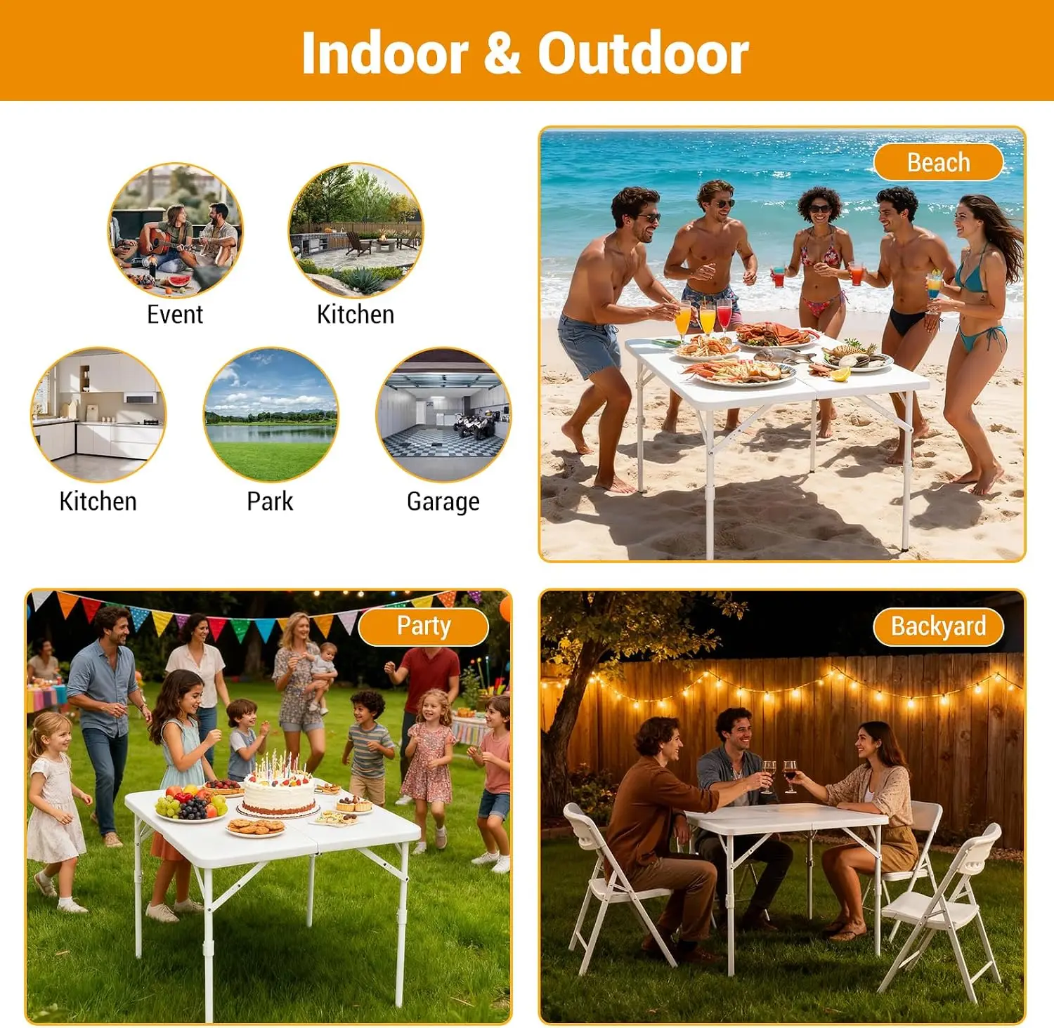 34" Square Folding Table, Multi-Functional Portable Foldable Card Table with Carrying Handle for Indoor Outdoor Camping Picnic Office Party Use Plastic Tabletop with Metal Frame White