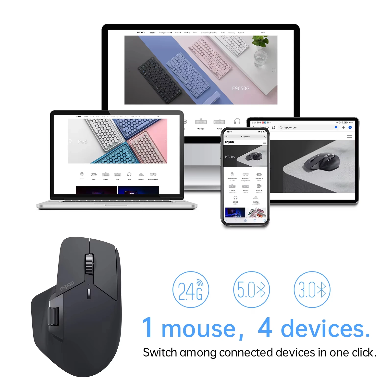 Rapoo MT760/MT760L/MT760Mini/MT760M Rechargeable Multi-mode Bluetooth Wireless Mouse Ergonomic 4000 DPI Support Up to 4 Devices - Image 3