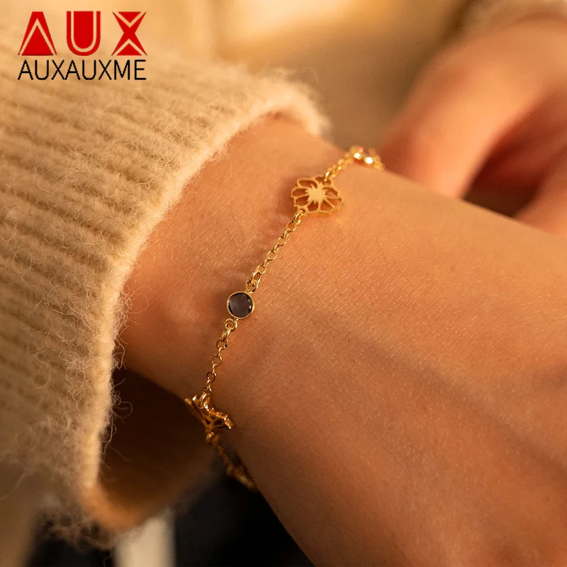 

Auxauxme Customized Birth Flower Bracelets for Women Stainless Steel Family Floral Birthstone Bracelet Birthday Jewelry Gifts
