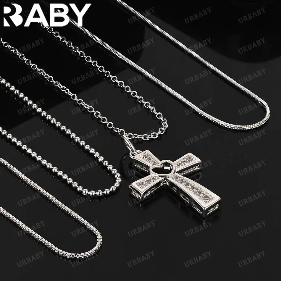 

URBABY 40-75cm 925 Sterling Silver Zircons Cross Pendant Necklace For Women Men Anniversary Gift Popular Wild Fashion Romantic