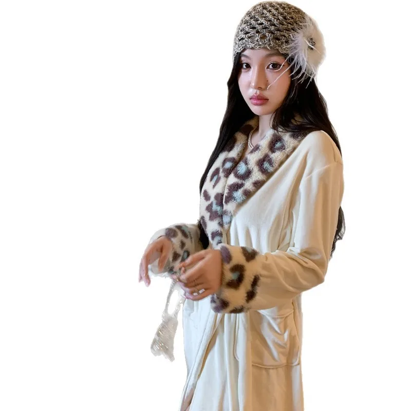 

Легкая роскошная элитная ночная рубашка, женская одежда, осенне-зимняя длинная корейская одежда для дома, женский халат с леопардовым принтом, пижамы