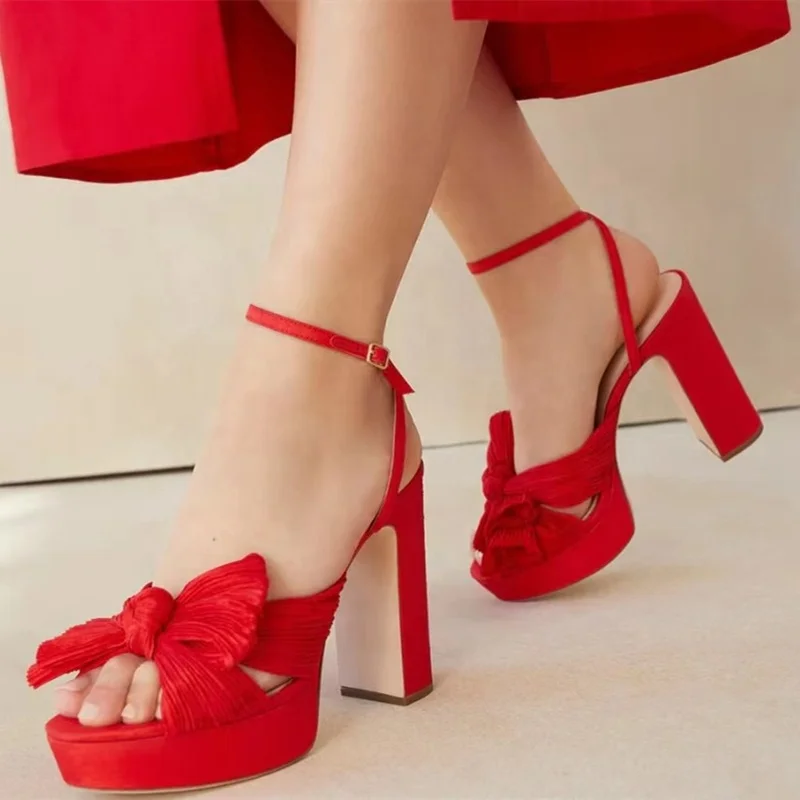 

Fashion Platform Open Toe Sandals Girl's Summer Shoes Ankle Buckle Strap Chunky Heel Bow-knot Sandal Big Size 43