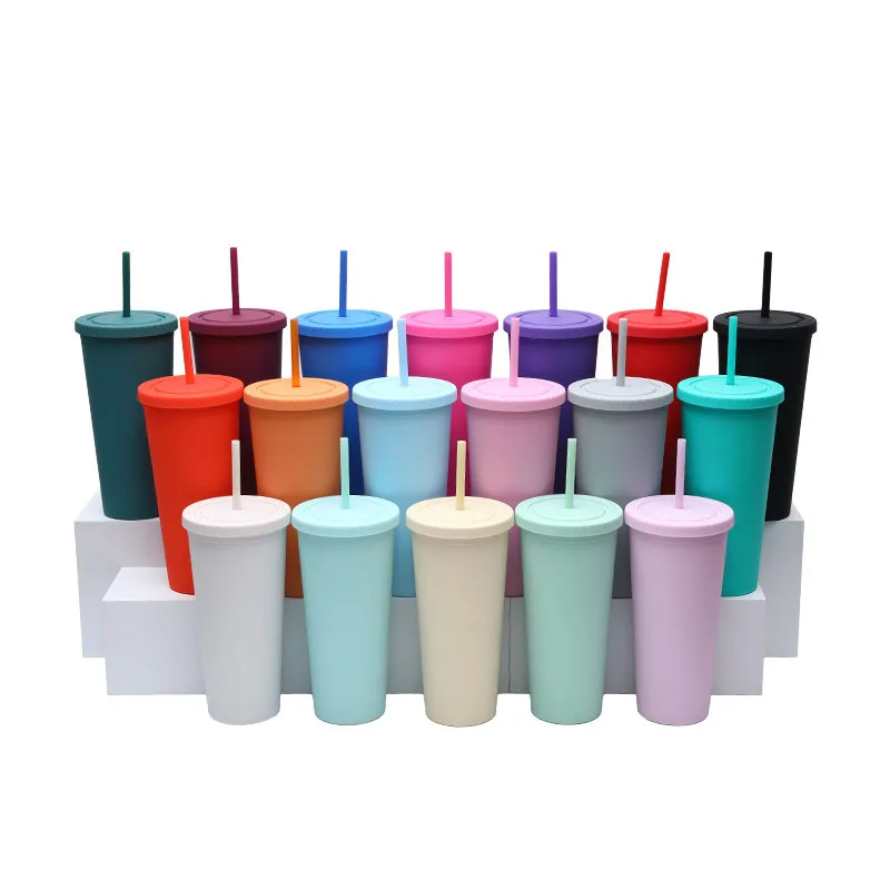 reusable double wall 700ml 710ml 24oz pastel color plastic cup cold cup tumbler with lid and straw