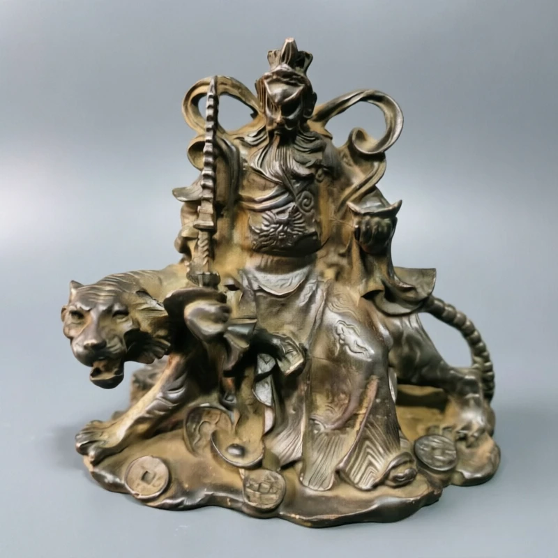 Antique Bronze Chinese God of Wealth Zhao Gongming Statue, Riding Tiger Feng Shui Altar Decor, Desktop Worship Figurine Home