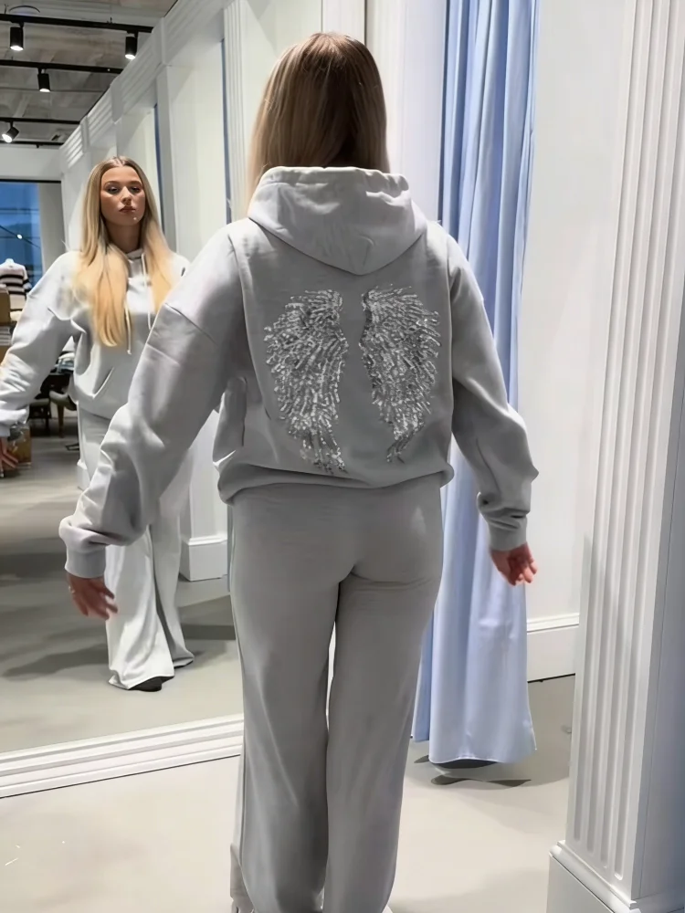 Glamorous Cozy Set Rhinestone Angel Wings Hoodie Pants Casual Women Outfits Spring Female Charming Trendy Ladies Wear