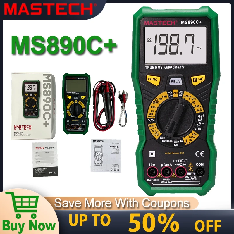 Mastech MS890C Plus Digital Multimeter True RMS Manual Range AC DC Frequency Capacitance Temperature Tester Backlight