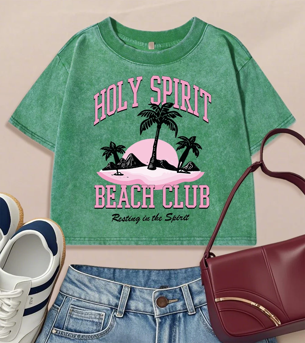 

Женские потертые тонкие футболки с принтом Holy Spirit Beach Club, хлопковая мягкая футболка, летний укороченный женский топ с короткими рукавами и круглым вырезом