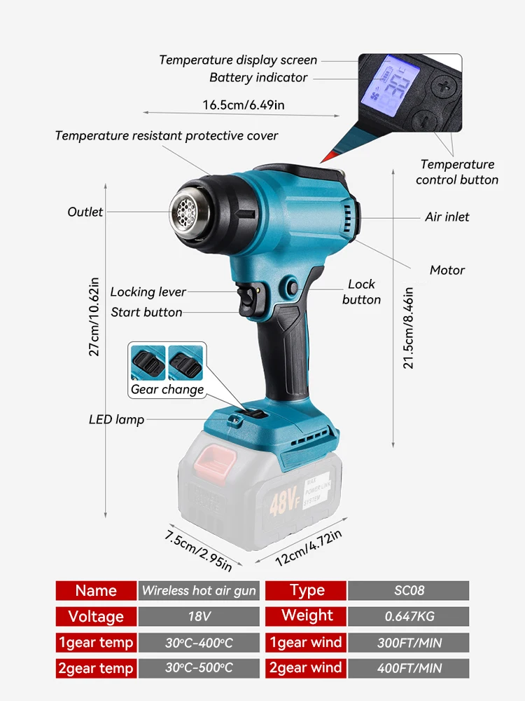 18V Heat Gun Shrink Wrapping Tool Hot Air Gun Air Dryer Soldering Thermal Blower with LED display, Tool only, No battery