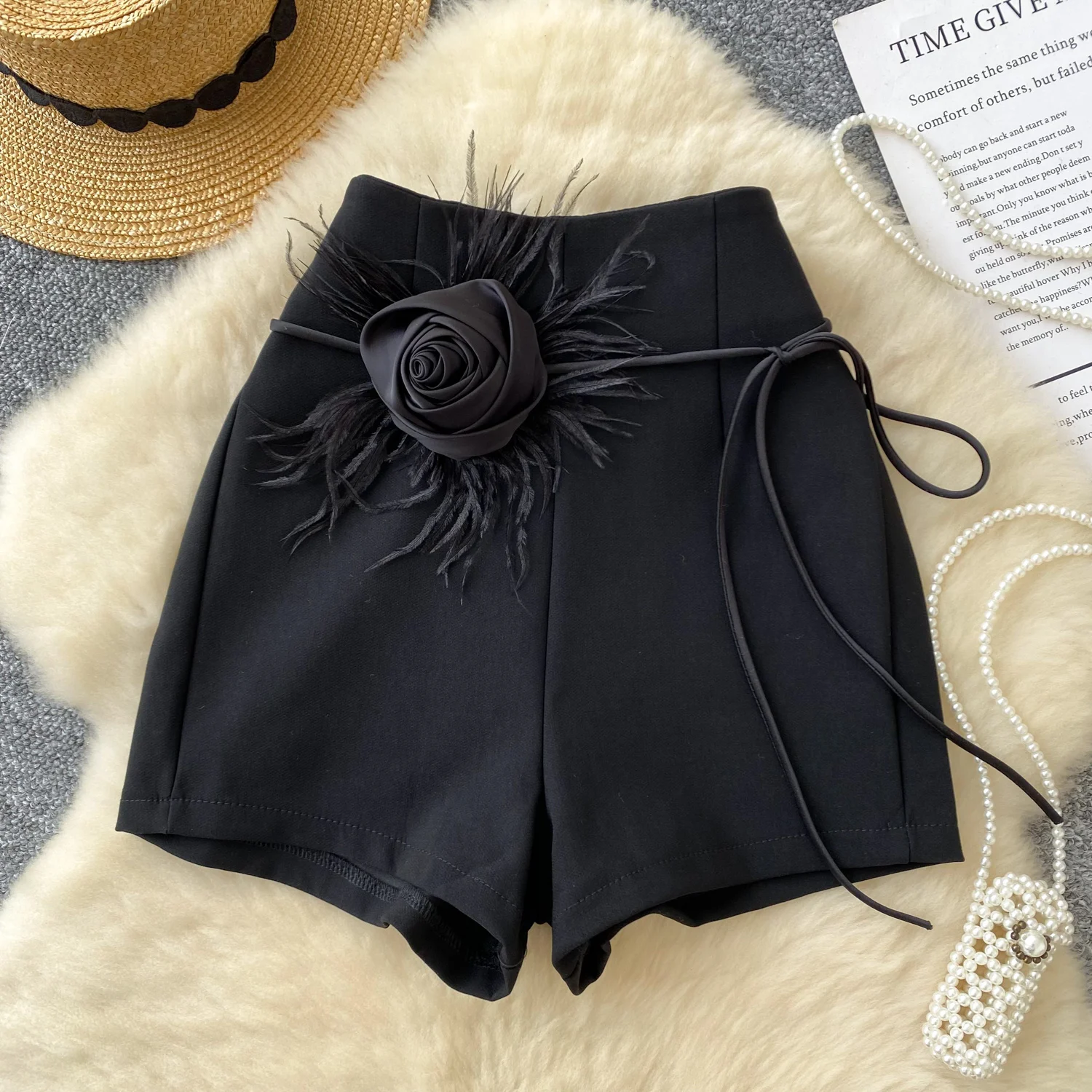 Vintage High Waist Women Elegant Three-dimensional Floral Chic Lace-up Short Pants French High Street Streetwear Summer Clothing