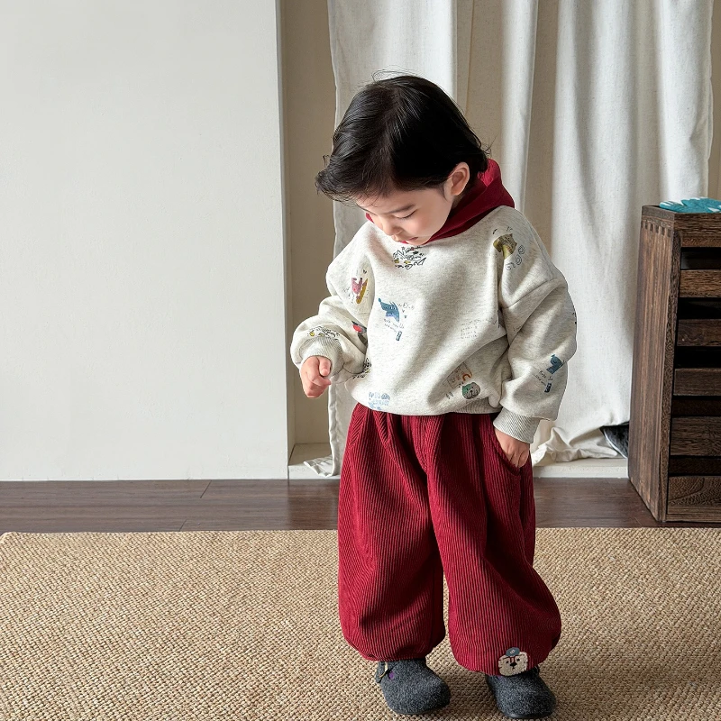 2025 New Winter Festival Atmosphere Plush Children's Hoodie and Lantern Pants Two Piece Set