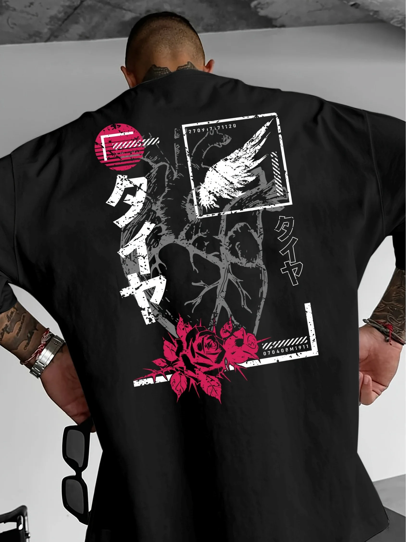 New Men's Gothic-style Heart Rose Print T-shirt 100% Cotton Loose Street Style Short-sleeved Black Top Suitable for Daily Wear