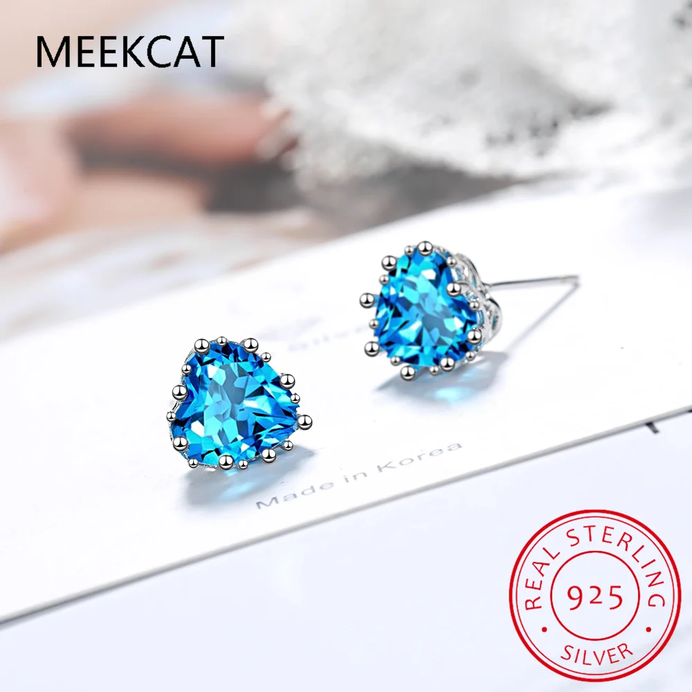 Authentic 925 Sterling Silver Blue Heart Birthstone Stud Earring 6mm 0.84 Carat Gemstone Earring Women Birthday Jewelry BSE736