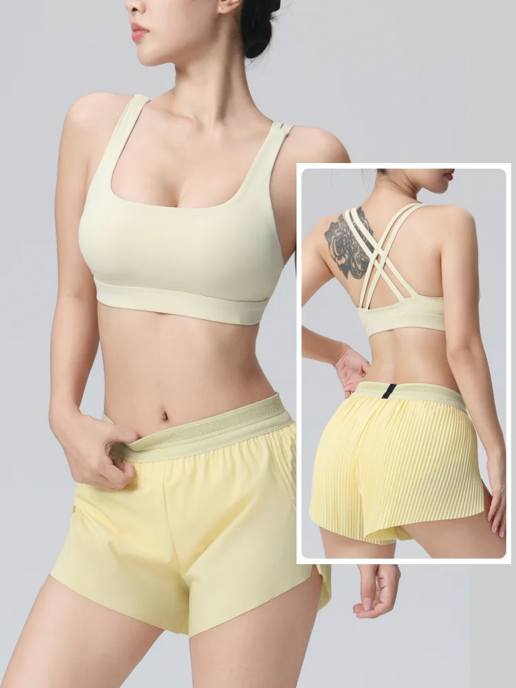 Breathable Solid Color Gym Yoga Set Loose Shorts Set Cross Back Shoulder Strap Sport Bra 2pc Women Gym Suit Tracksuit Athletic