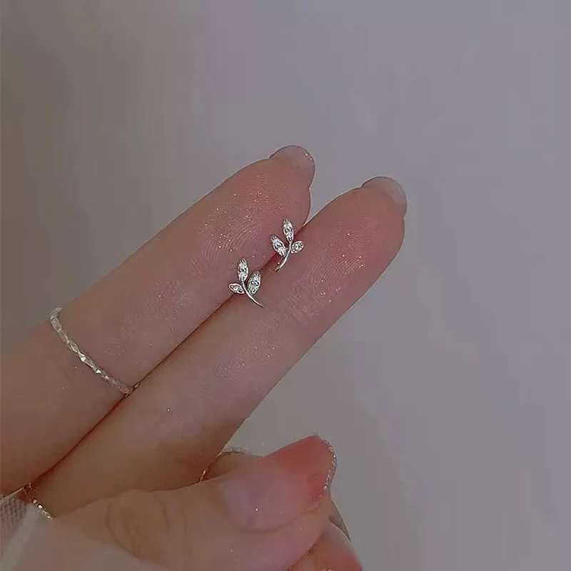 Real 925 Sterling Silver Zircon Leaves Mini Stud Earrings For Women Party Classic Fine Jewelry Small Niche Plant Accessories view 6