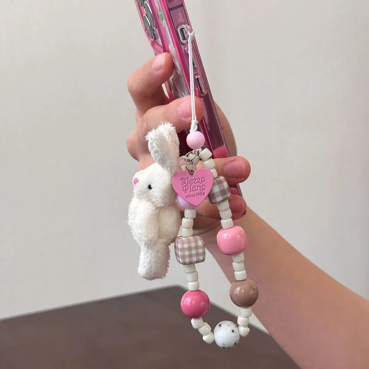 Y2K Autumn Winter Plush Rabbit Pendant Phone Charm Keychain Wristband Strap Contrast Bead Camera Lanyard Anti-Loss Hand Strap