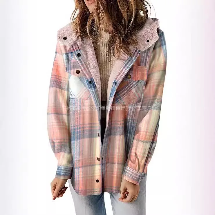 Plaid Women's Jacket with Pocket Warm Padded Jacket Autumn Winter Lady Jackets Hooded Quilted Jacket Women Jacket Winter