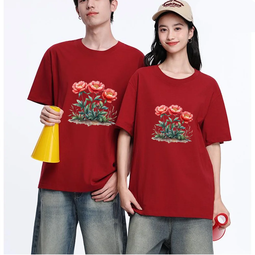 Peony Flower Printed T Shirt Cotton S-XL Personalized Custom Casual Short Sleeve Tee Unisex Fit Breathable Fabric Aesthetic Grap