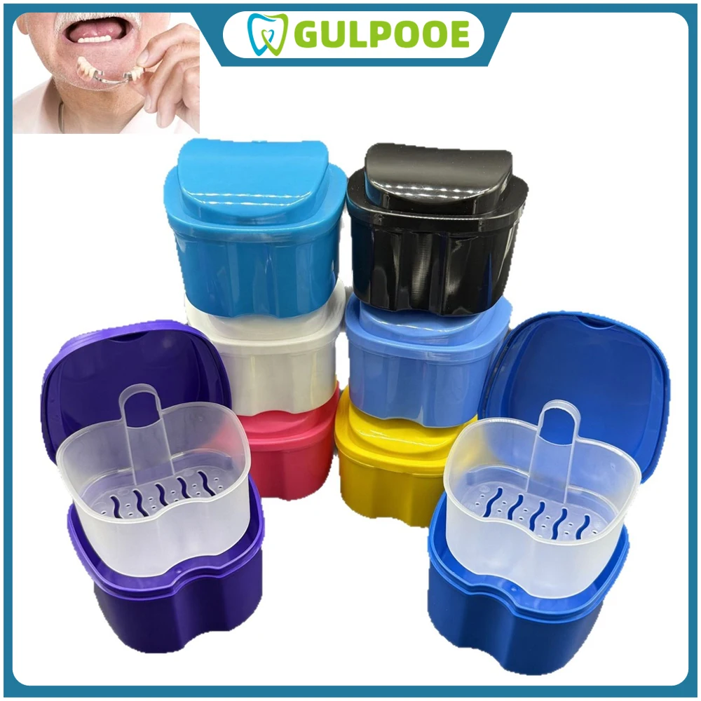 GULPOOE 1Pc Oral Denture Care Bath Box Dental False Teeth Storage Box with Hanging Net Container  Soaking Artificial Tooth Boxes