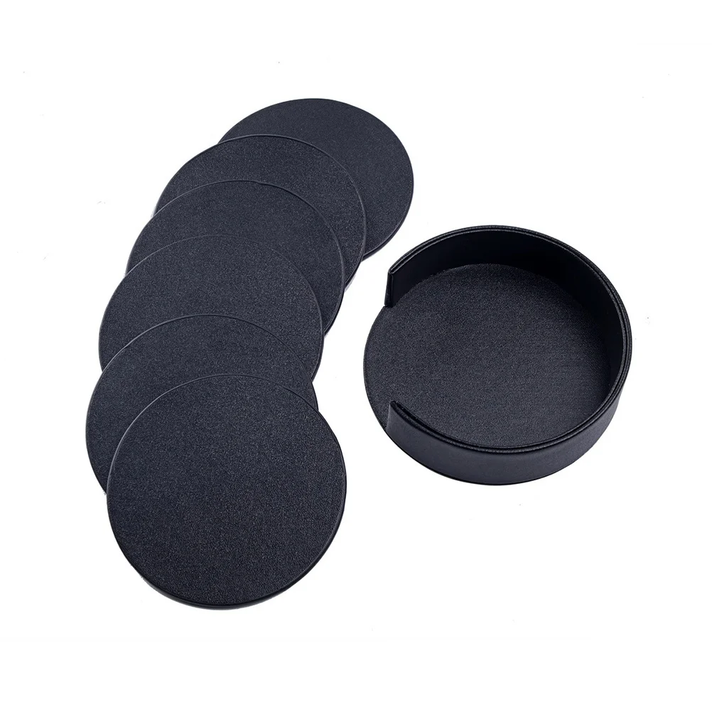 

7Pcs PU Round Drink Coasters Set with Holder Stylish Nonslip Cup Mat Heat Insulation Protect Table Surfaces Home Kitchen