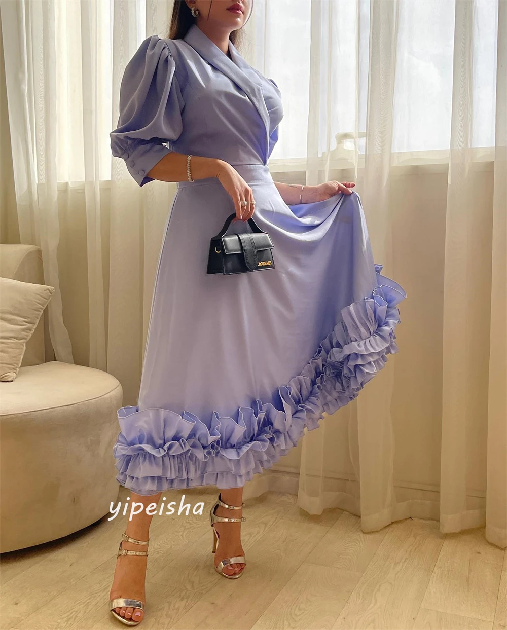   Satin Draped Ruffles Criss-Cross  A-line V-Neck Bespoke Occasion Gown Midi Dresses