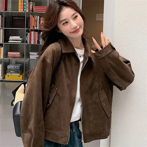 패션 재킷 루즈핏 스탠드 칼라 패션 스타일 가죽 코팅 여성용 갈색 봄 시즌 작은 키 바이크 재킷 재킷 재킷 재킷 Best5