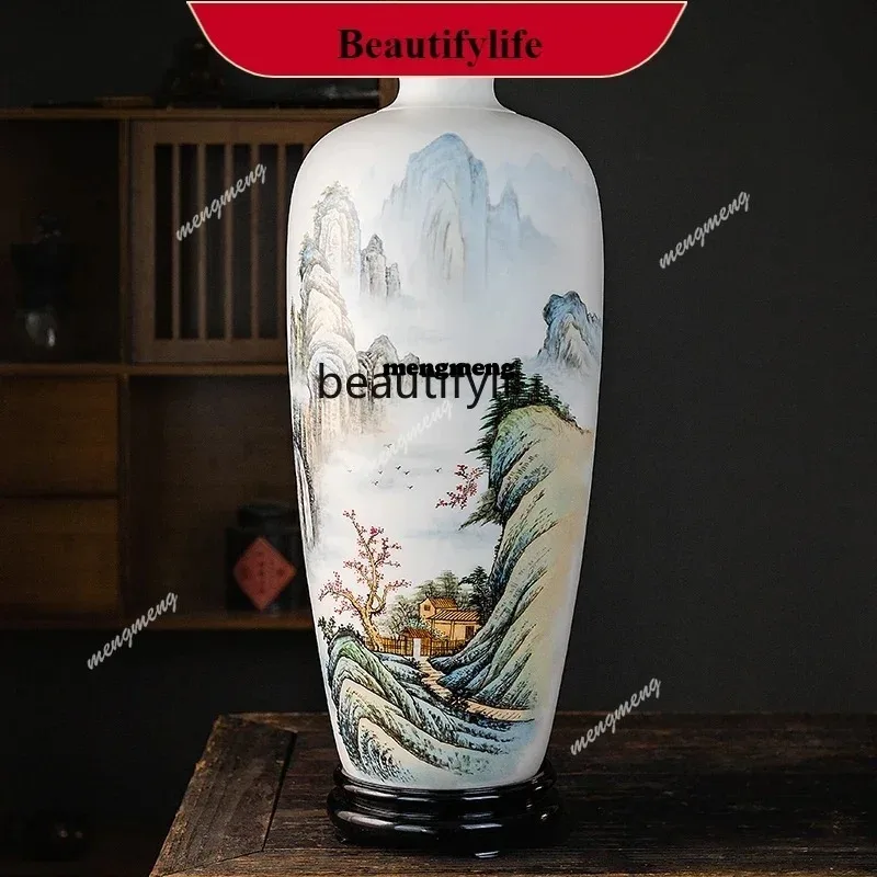 

Cy Mutton Fat Jade Hand Painted Yunshan Waterfall Landscape Vase Decoration Chinese Living Room Solid Wood Home Square Table N