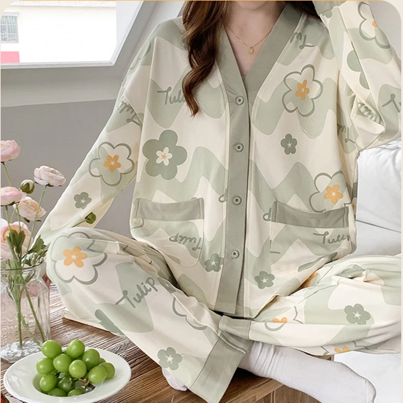 Elegant V-neck Sleepwear Floral Women Pajamas Set Autumn Faux Cotton Cardigan Pijama Casual Long Sleeves Loungewear Lady Pyjama