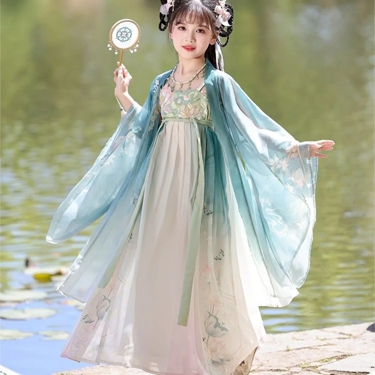 Ink Wash Summer Lotus Hanfu - Gradient Wide Sleeve Princess Dress for Girls, Ethereal & Chic Chinese Costumes for Girls 2026
